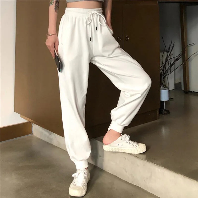 Belpearl women's high waist loose casual sports pants in white or black, sizes S and M