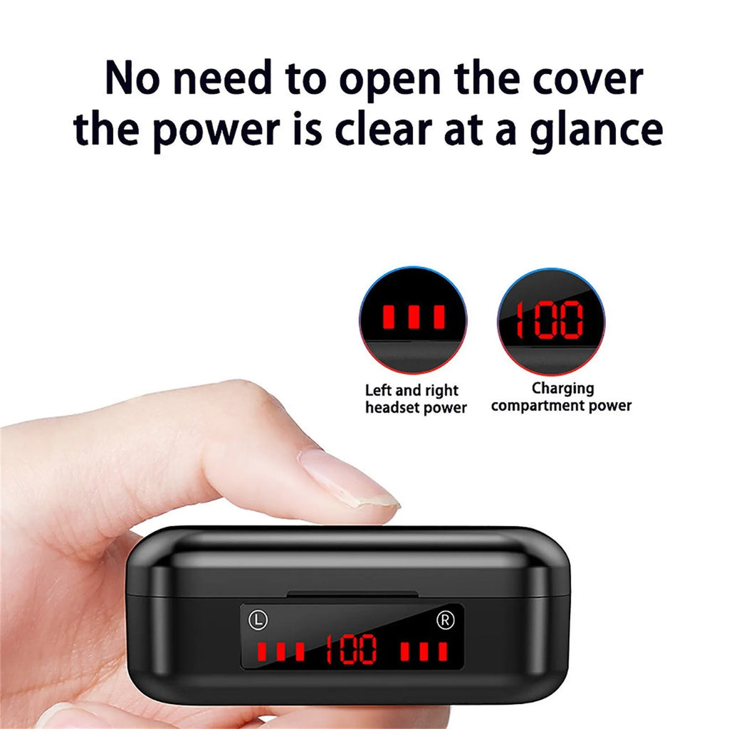 Wireless Bluetooth touch headset with LED button display and three different sized ear caps