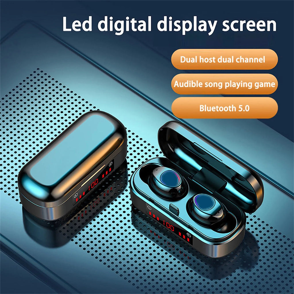 Wireless Bluetooth touch headset with LED button display and three different sized ear caps