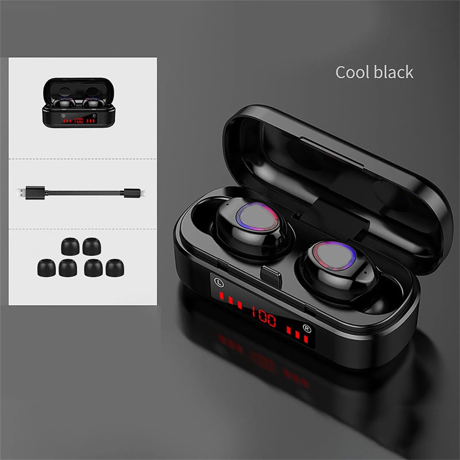 Wireless Bluetooth touch headset in V7 LED button version with charging box and ear caps
