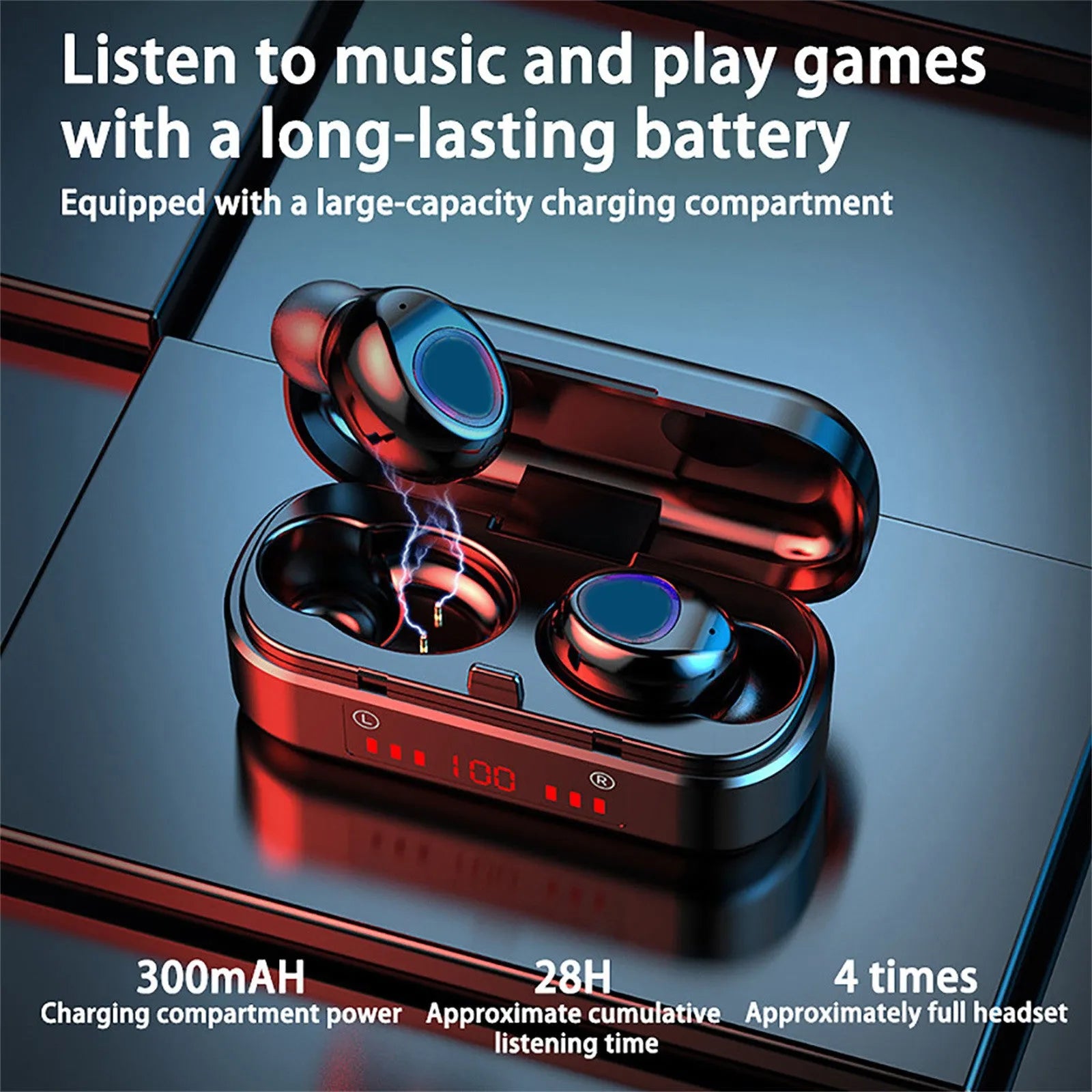 Wireless Bluetooth touch headset with charging box, three ear cap sizes, and charging cable