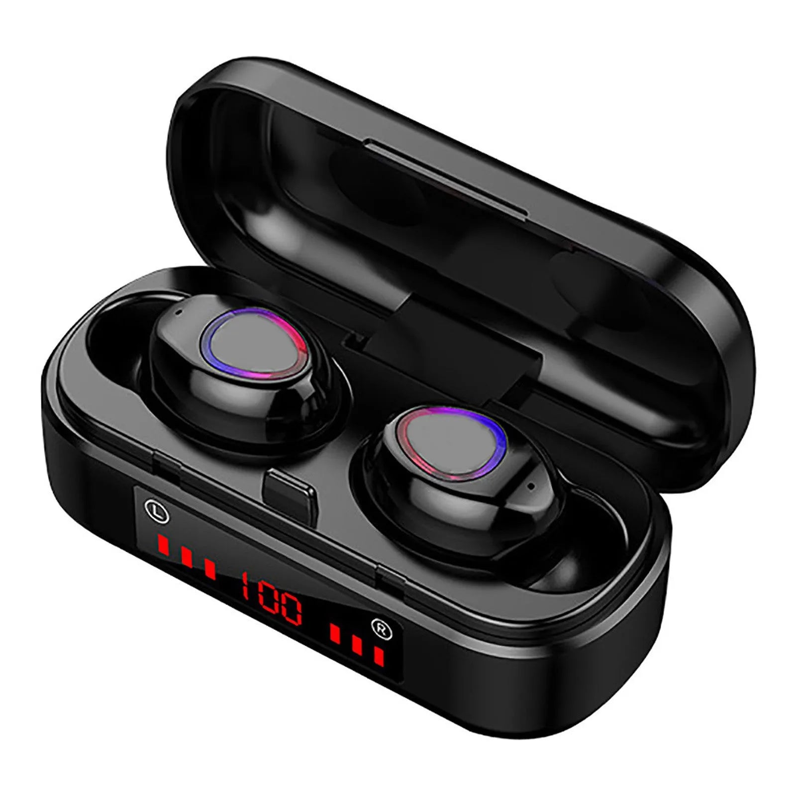 Wireless Bluetooth touch headset with charging box, three ear cap sizes, and charging cable