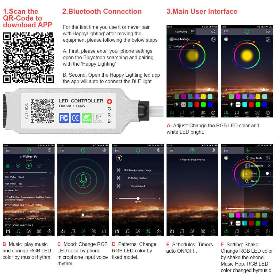 24-key mini Bluetooth DC head RGB controller for 5050 LED light bars, 5-24V input, RGB Symphony, not waterproof