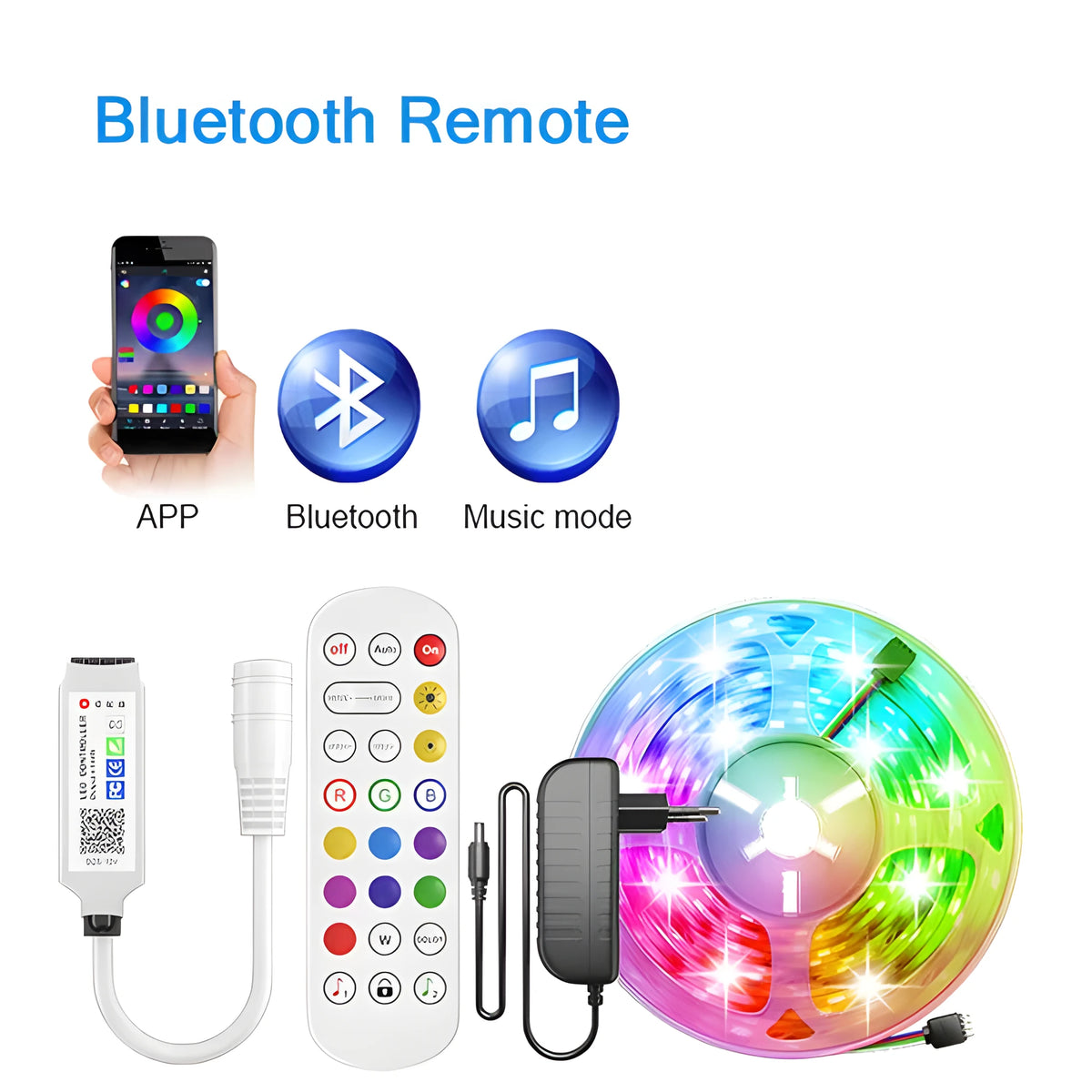 24-key mini Bluetooth DC head RGB controller for 5050 LED light bars, 5-24V input, RGB Symphony, not waterproof