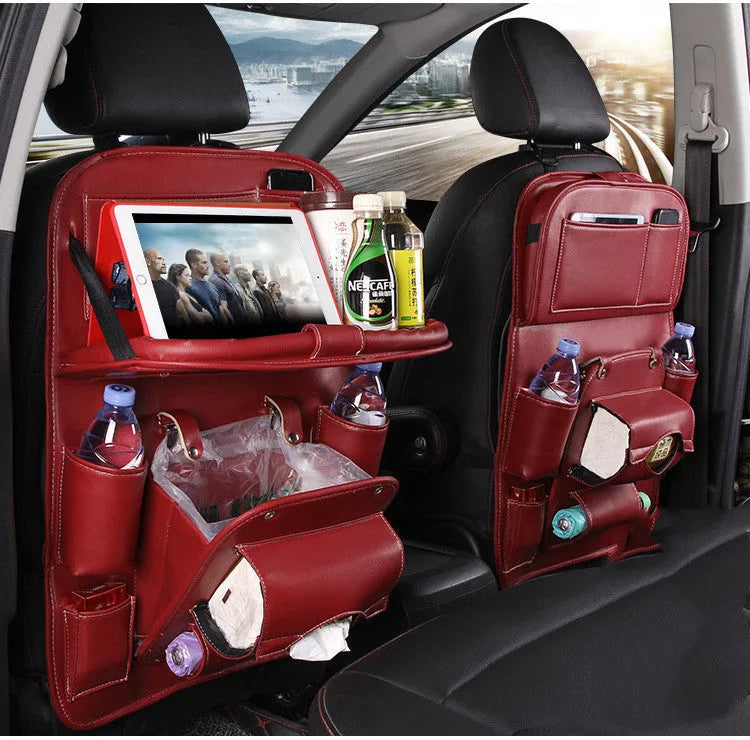 PU leather car storage bag with multiple pockets and built-in trash can on car seat