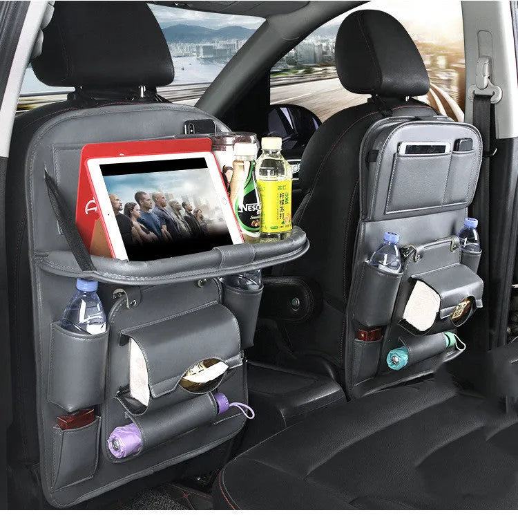 PU leather car storage bag with multiple pockets and built-in trash can on car seat