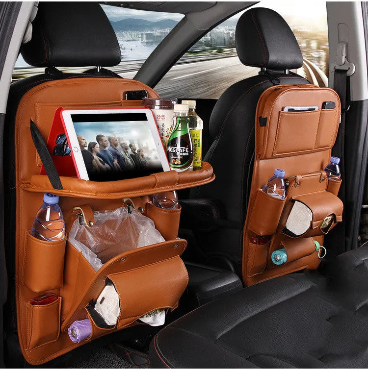 PU leather car storage bag with multiple pockets and built-in trash can on car seat