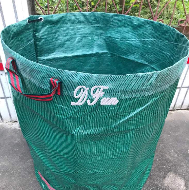 Green PP film garden leaf bag shown in various sizes for collecting leaves and garden waste.