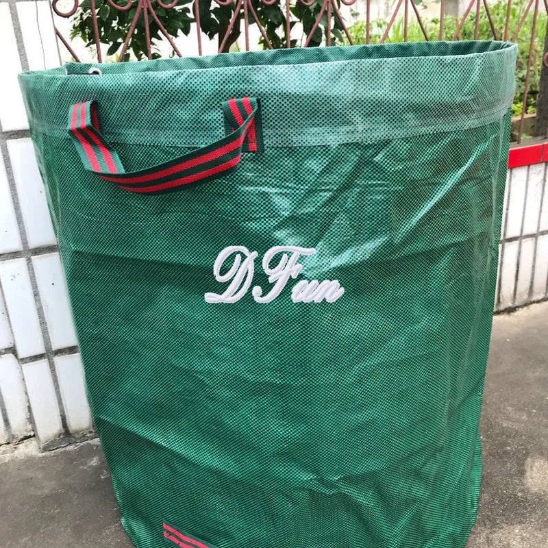 Green PP film garden leaf bag shown in various sizes for collecting leaves and garden waste.