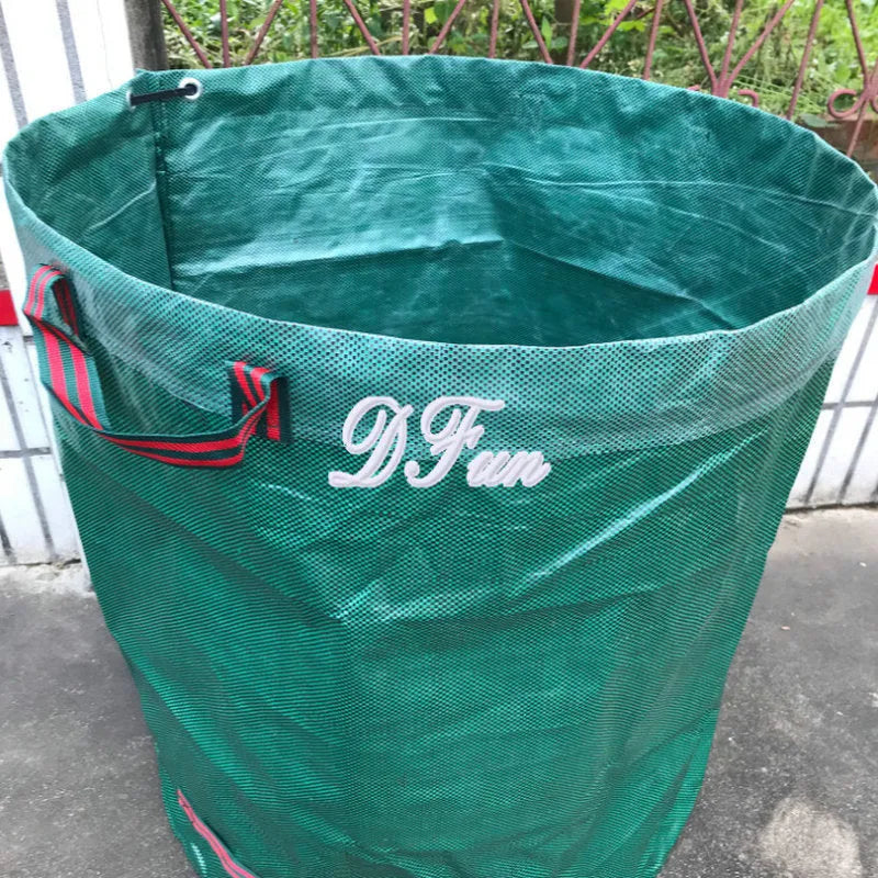 Green PP film garden leaf bag shown in various sizes for collecting leaves and garden waste.
