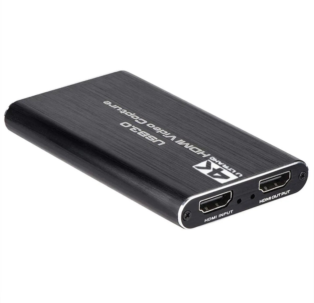 Black HDMI video capture card with USB3.0 and ITE chip, supports 4K input and 1080P 60fps output.