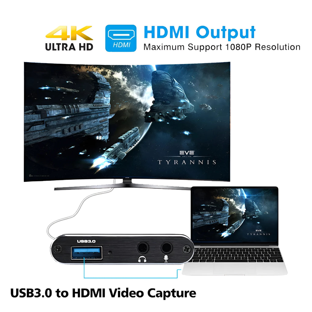 Black HDMI video capture card with USB3.0 and ITE chip, supports 4K input and 1080P 60fps output.
