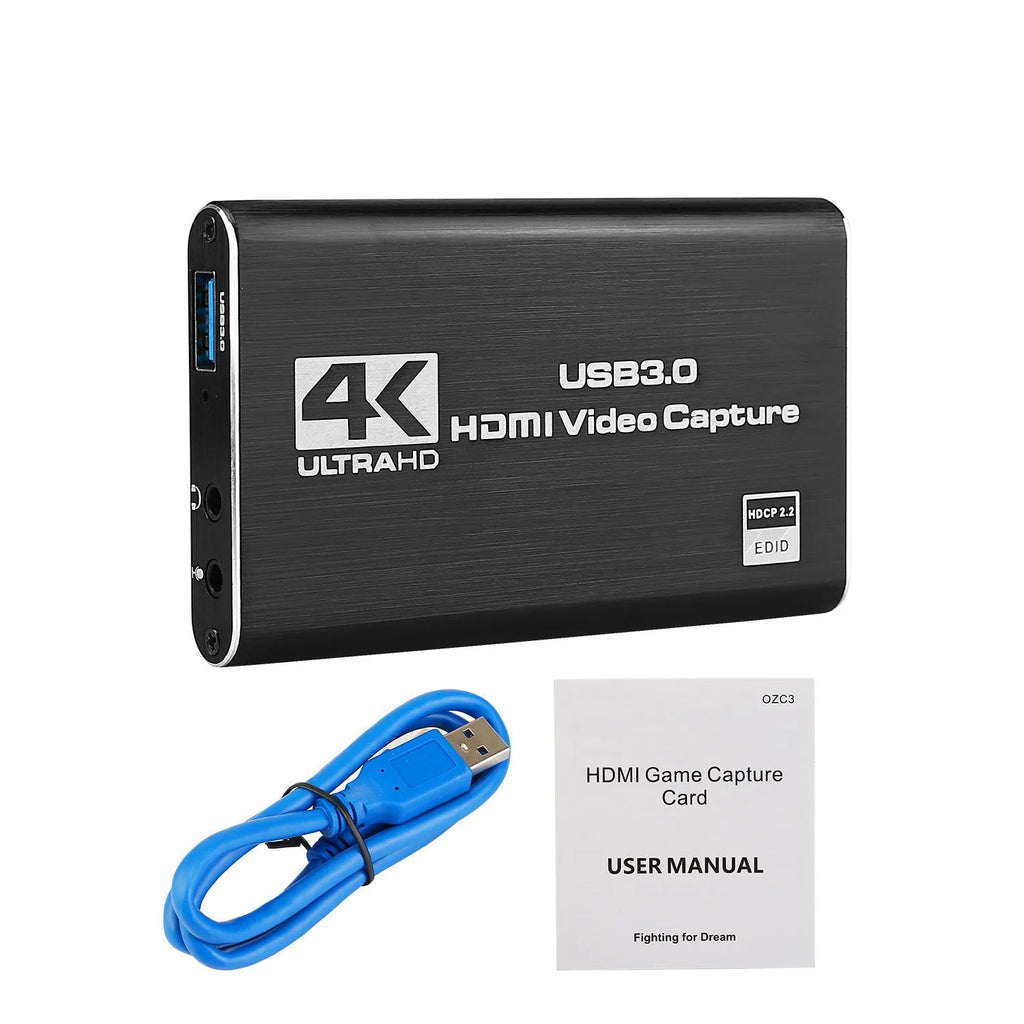 Black HDMI video capture card with USB3.0 and ITE chip, supports 4K input and 1080P 60fps output.