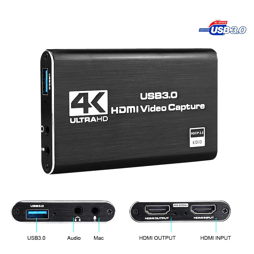 Black HDMI video capture card with USB3.0 and ITE chip, supports 4K input and 1080P 60fps output.