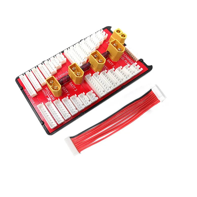 V2 parallel charge board with red PCB, gold-plated connectors, and silicone wires for 4-set battery charging