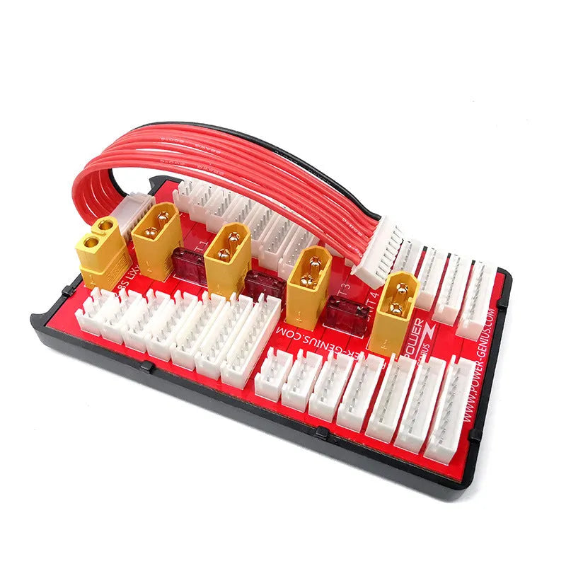 V2 parallel charge board with red PCB, gold-plated connectors, and silicone wires for 4-set battery charging
