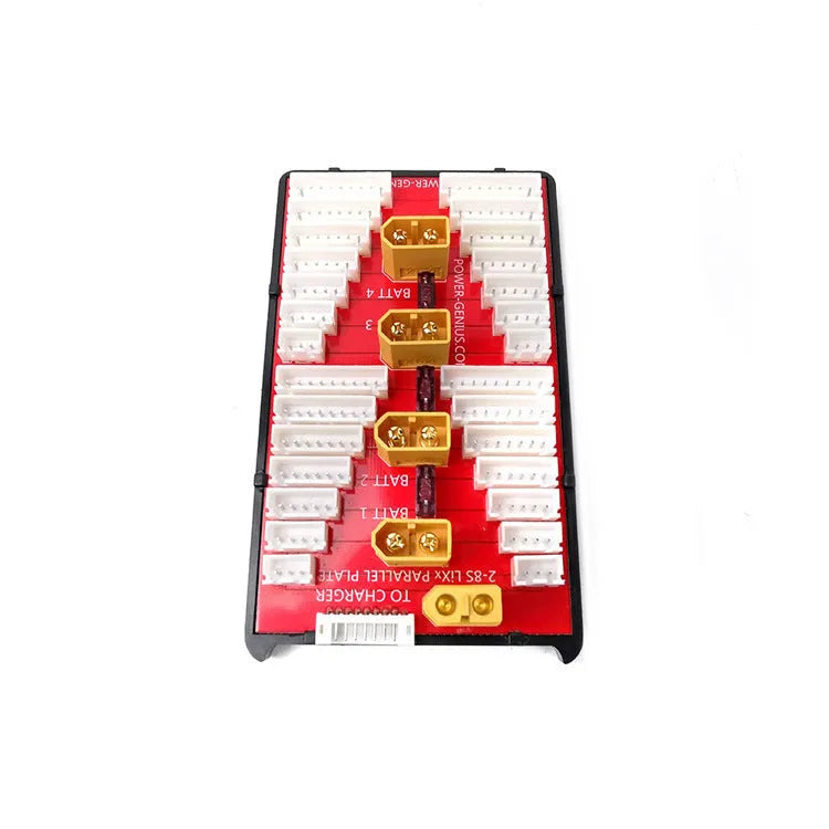 V2 parallel charge board with red PCB, gold-plated connectors, and silicone wires for 4-set battery charging