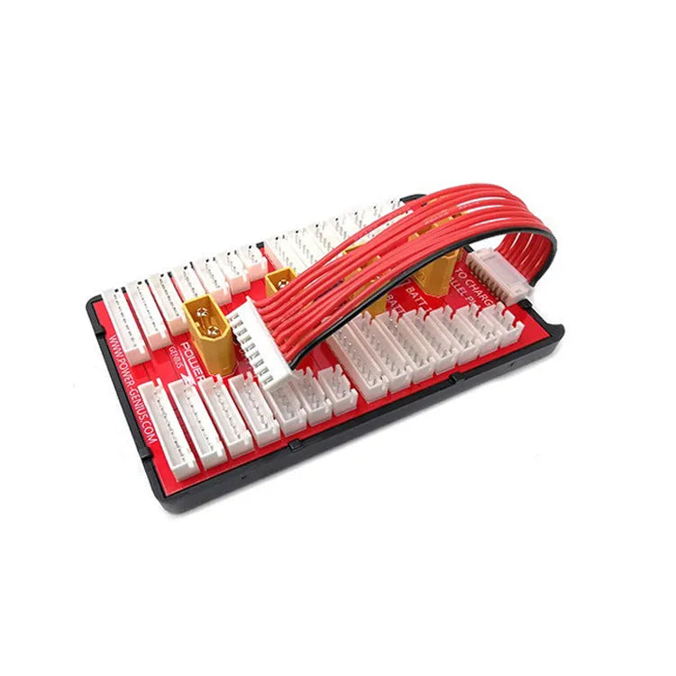V2 parallel charge board with red PCB, gold-plated connectors, and silicone wires for 4-set battery charging