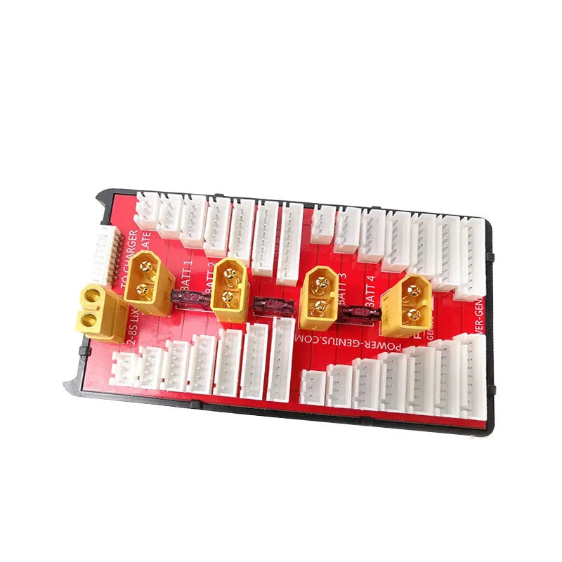 V2 parallel charge board with red PCB, gold-plated connectors, and silicone wires for 4-set battery charging