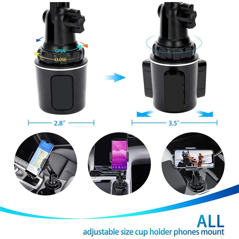 Black car phone holder with 360-degree rotation and adjustable height mechanism