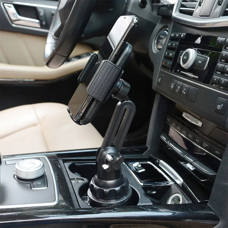 Black car phone holder with 360-degree rotation and adjustable height mechanism