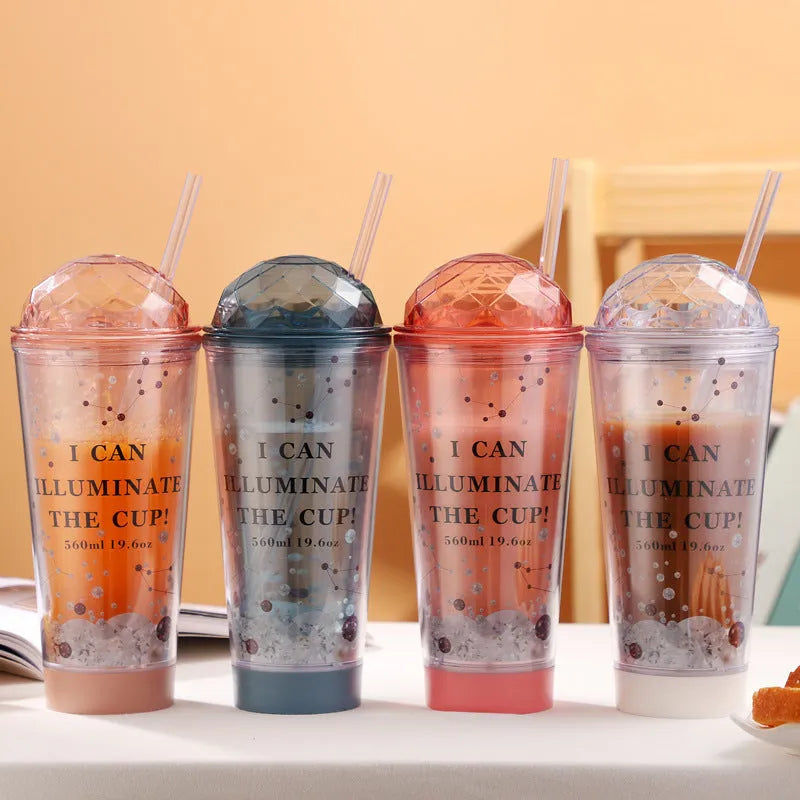 560ml plastic coffee cup with double straw, colour change design, shown in white, blue or pink
