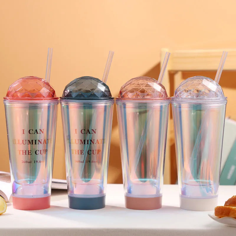 560ml plastic coffee cup with double straw, colour change design, shown in white, blue or pink