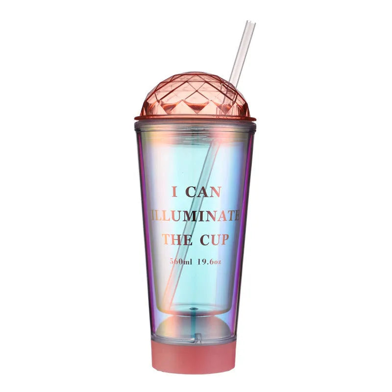 560ml plastic coffee cup with double straw, colour change design, shown in white, blue or pink