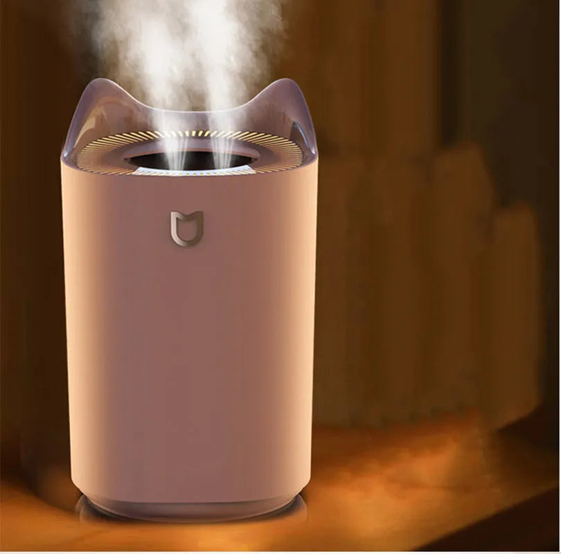 Double spray humidifier with three fog outlets, transparent water tank showing 2.6-4.0 litre capacity, USB power connection
