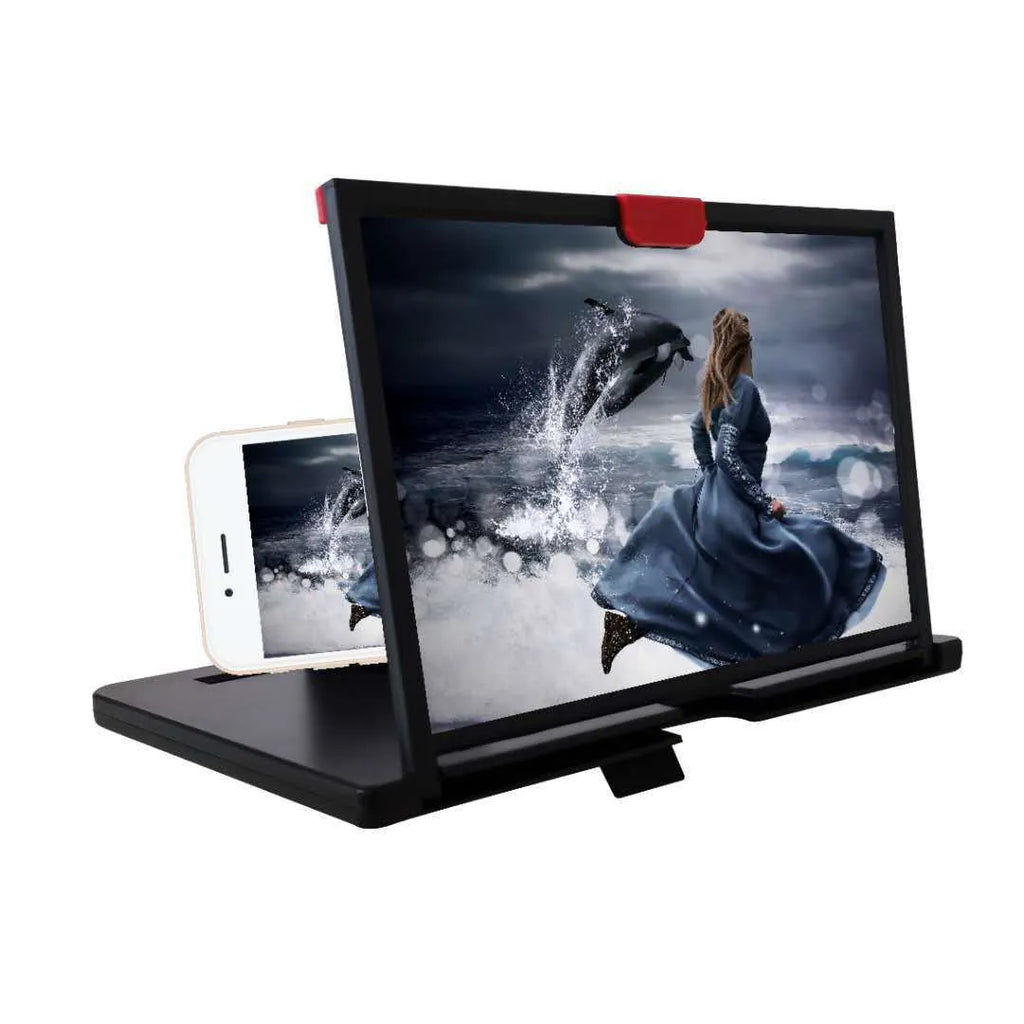 Black desktop mobile phone holder with a large magnifying screen for 3D HD viewing and anti-blue light.