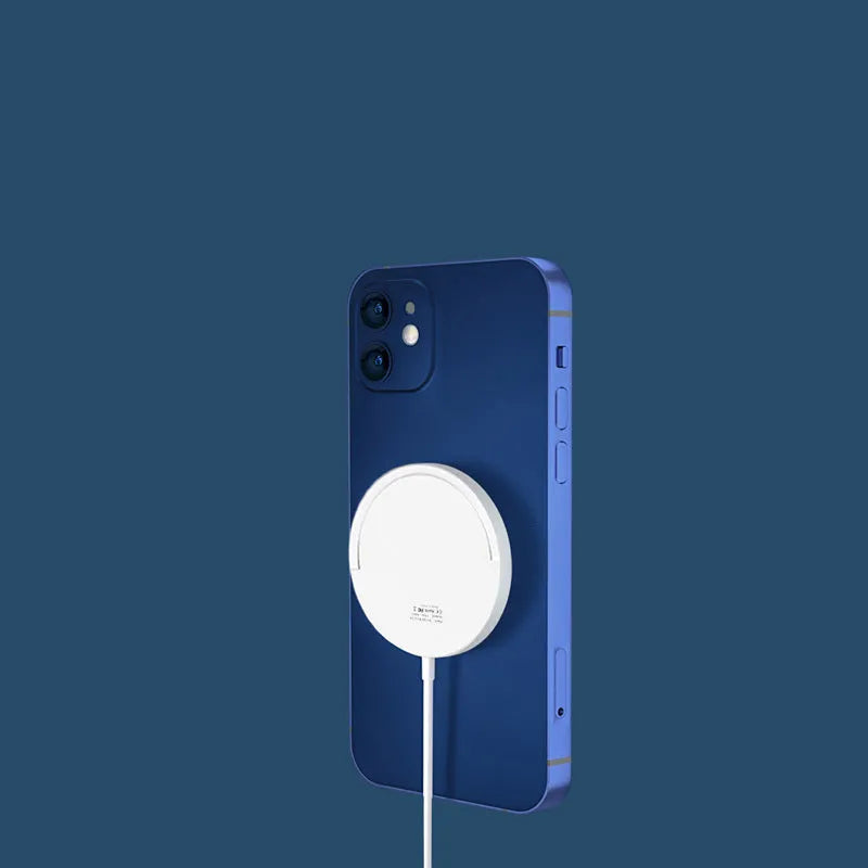 Black magnetic wireless phone charger with a mobile phone attached, showing the TYPE-C port on the side.