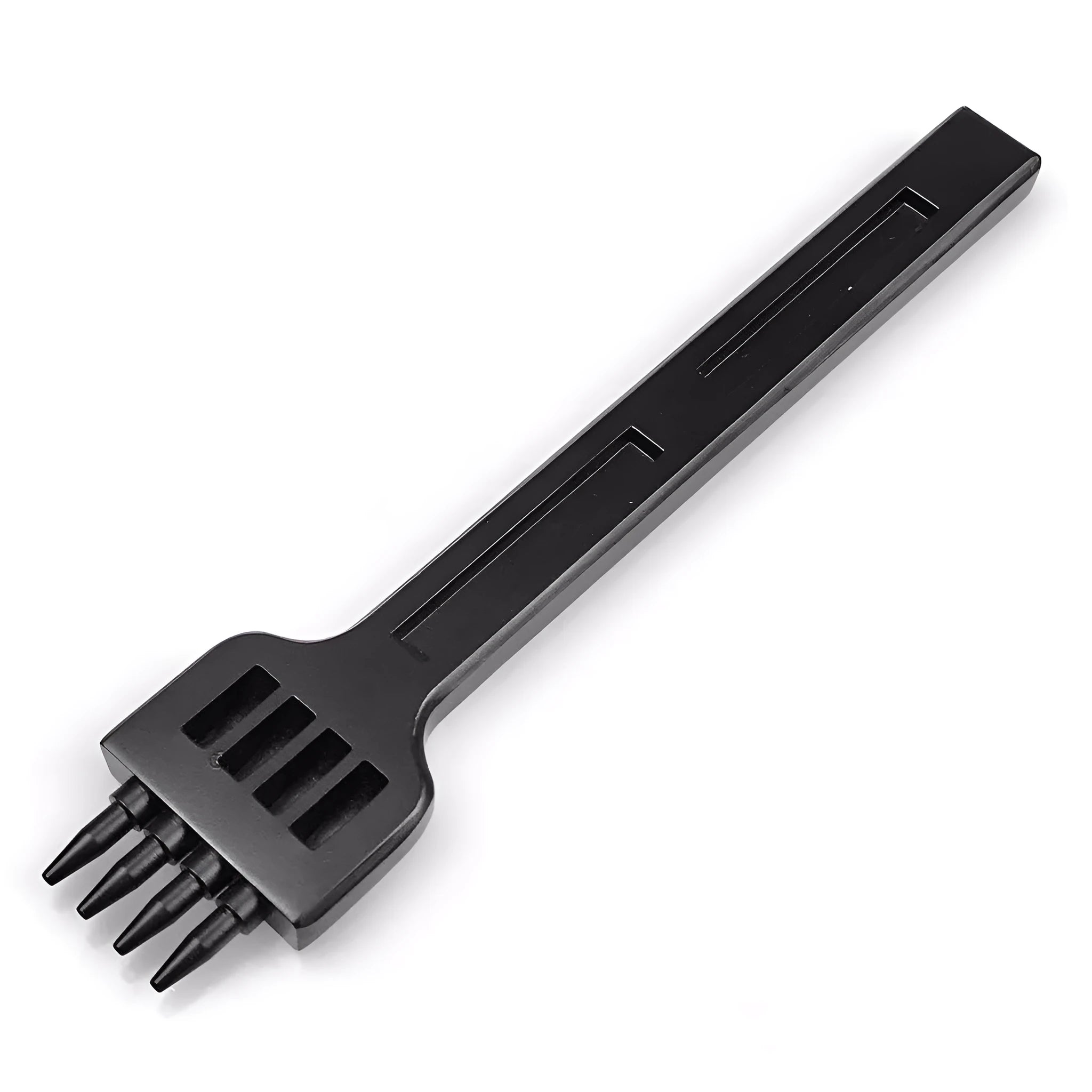 Black Wuta manual leather round hole punch tool showing a row of teeth with 4mm spacing.
