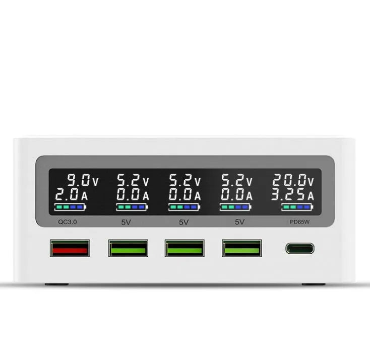PD65w laptop mobile phone charger with five USB ports and wireless charging surface, showing international plug adapters