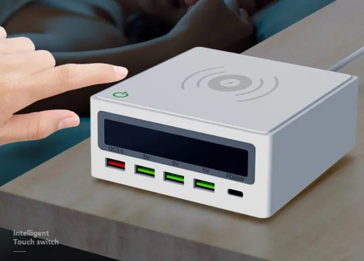 PD65w laptop mobile phone charger with five USB ports and wireless charging surface, showing international plug adapters