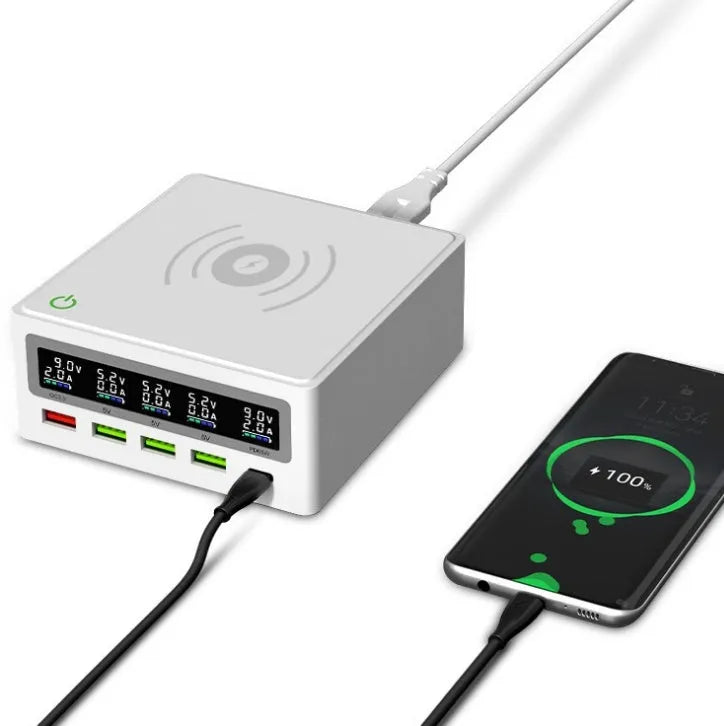 PD65w laptop mobile phone charger with five USB ports and wireless charging surface, showing international plug adapters