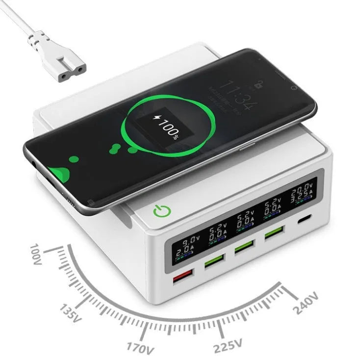 PD65w laptop mobile phone charger with five USB ports and wireless charging surface, showing international plug adapters