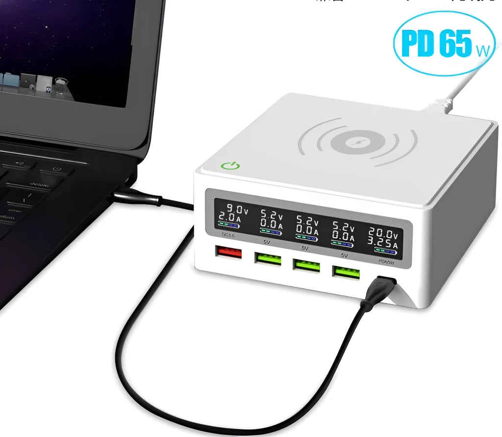 PD65w laptop mobile phone charger with five USB ports and wireless charging surface, showing international plug adapters