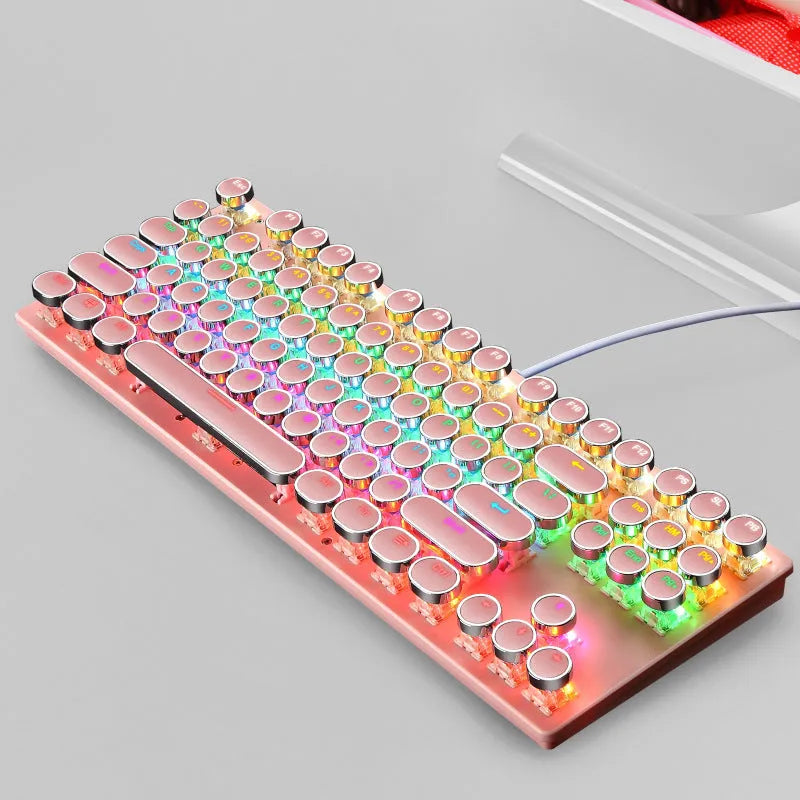 Wired 87-key mechanical gaming keyboard with blue axis switches, luminous design, and electroplating punk finish, shown in black.