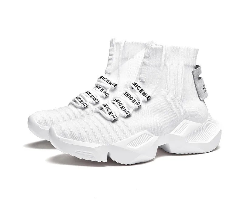 Men's black and white casual sports shoes with mesh lining and thick sole.