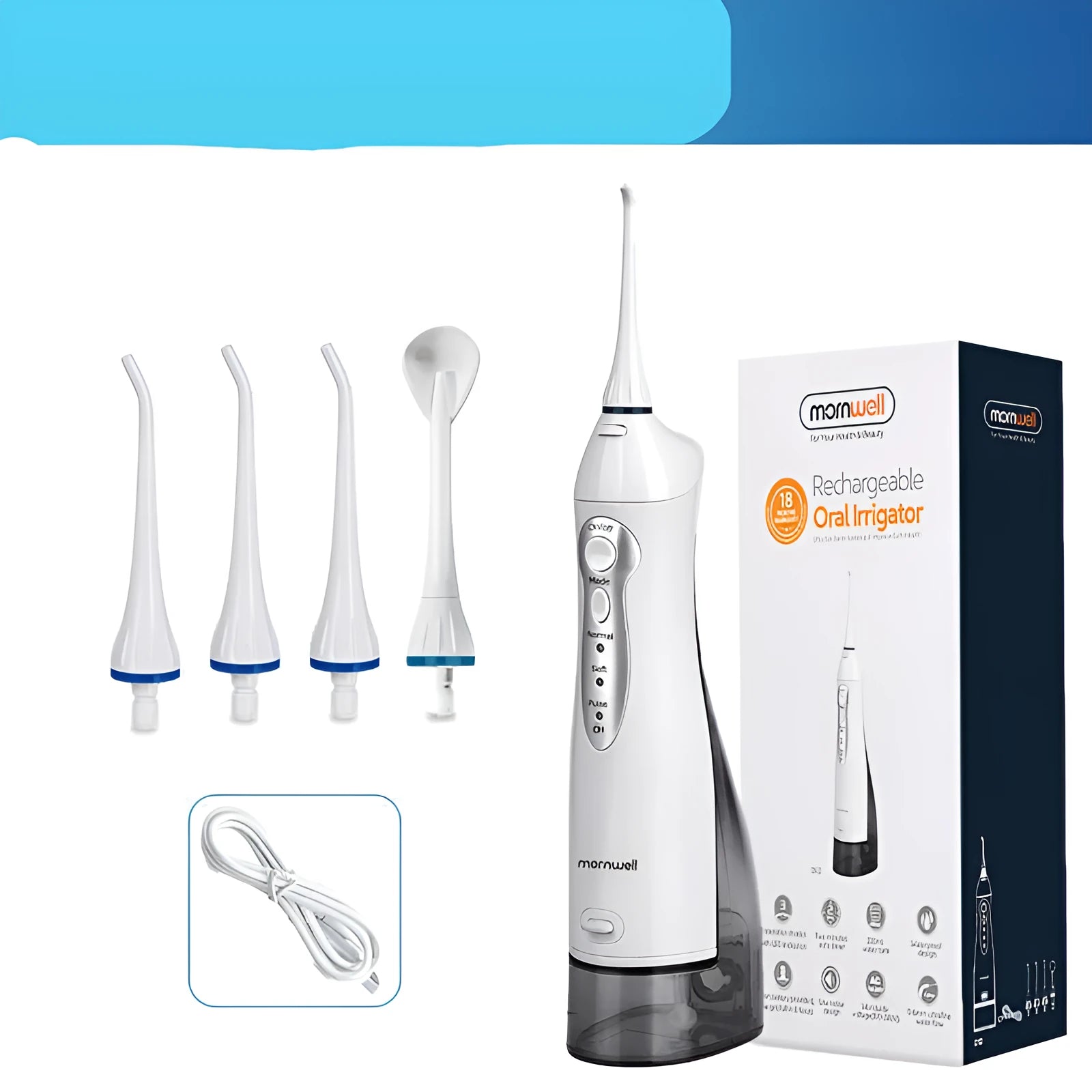 White portable oral irrigator water flosser with 330ml tank, four nozzles, and USB charger
