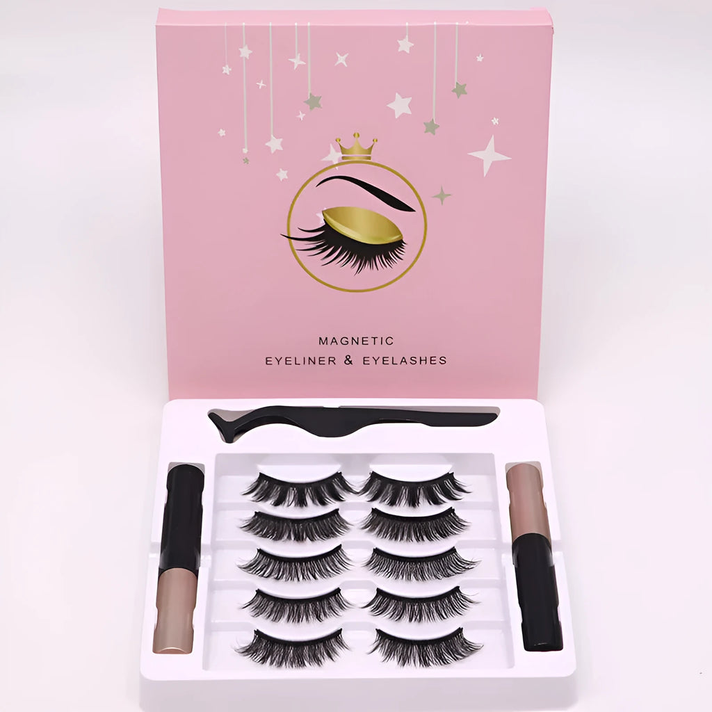 Magnetic eyelashes and black magnetic eyeliner set, showing reusable mink false lashes.