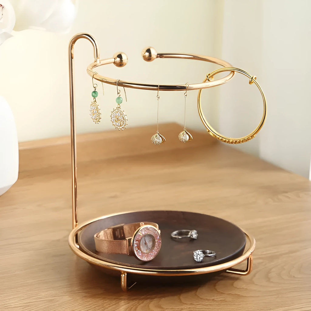 Walnut coloured solid wood jewellery and key storage tray with compact dimensions