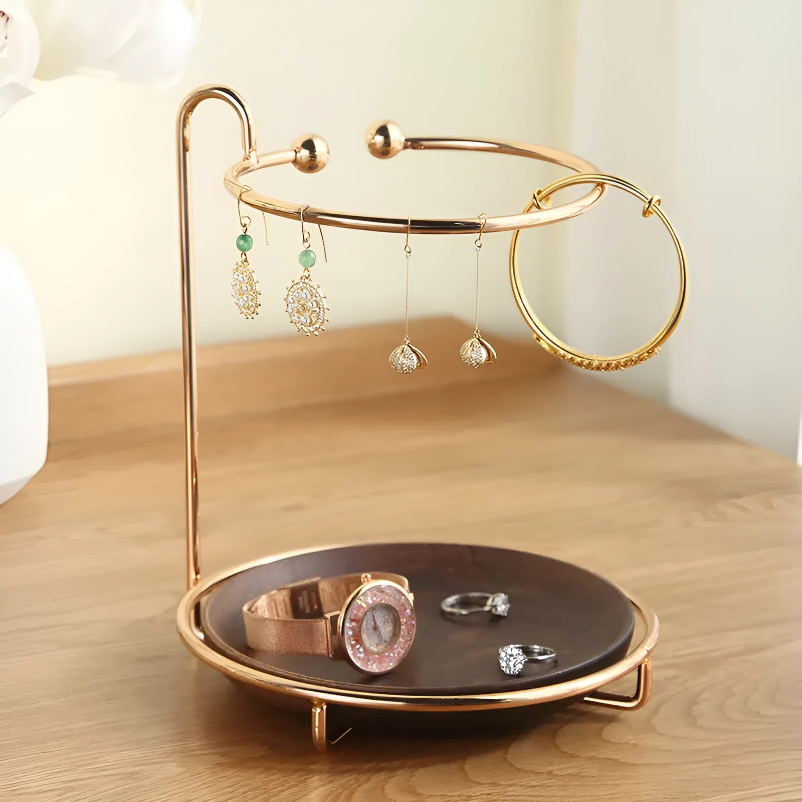 Walnut coloured solid wood jewellery and key storage tray with compact dimensions