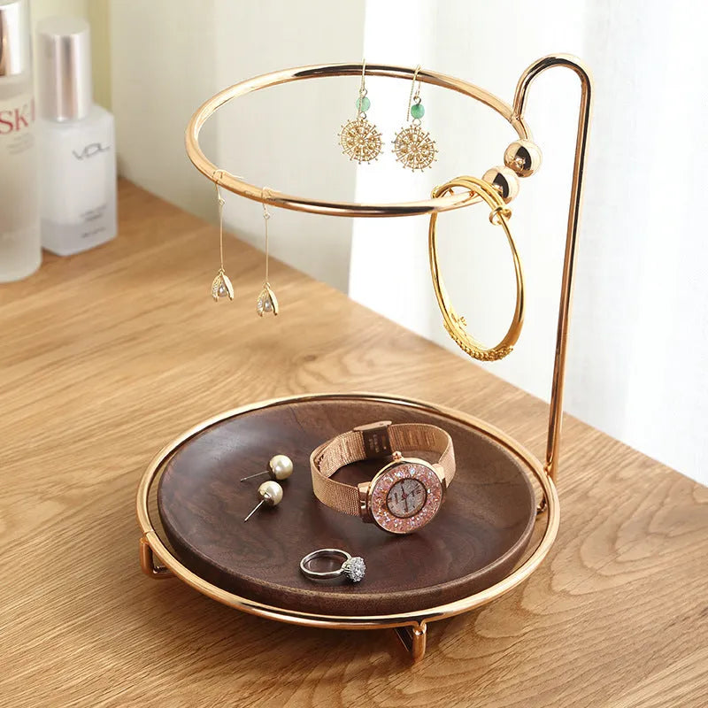 Walnut coloured solid wood jewellery and key storage tray with compact dimensions