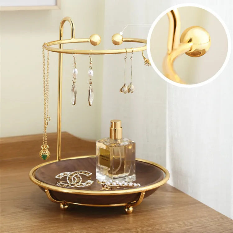 Walnut coloured solid wood jewellery and key storage tray with compact dimensions