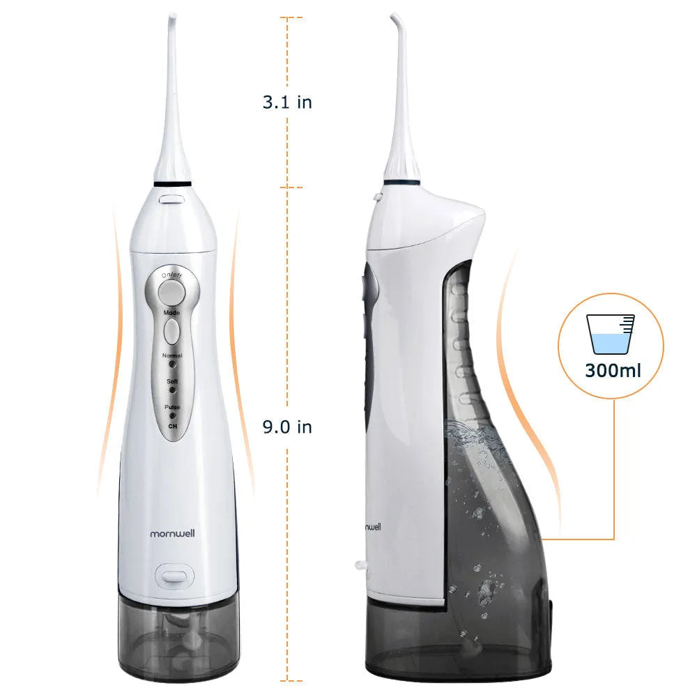 White portable oral irrigator water flosser with 330ml tank, four nozzles, and USB charger