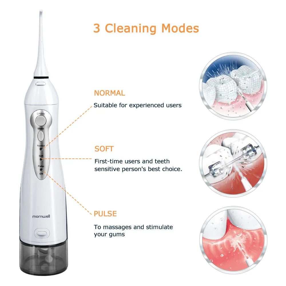 White portable oral irrigator water flosser with 330ml tank, four nozzles, and USB charger