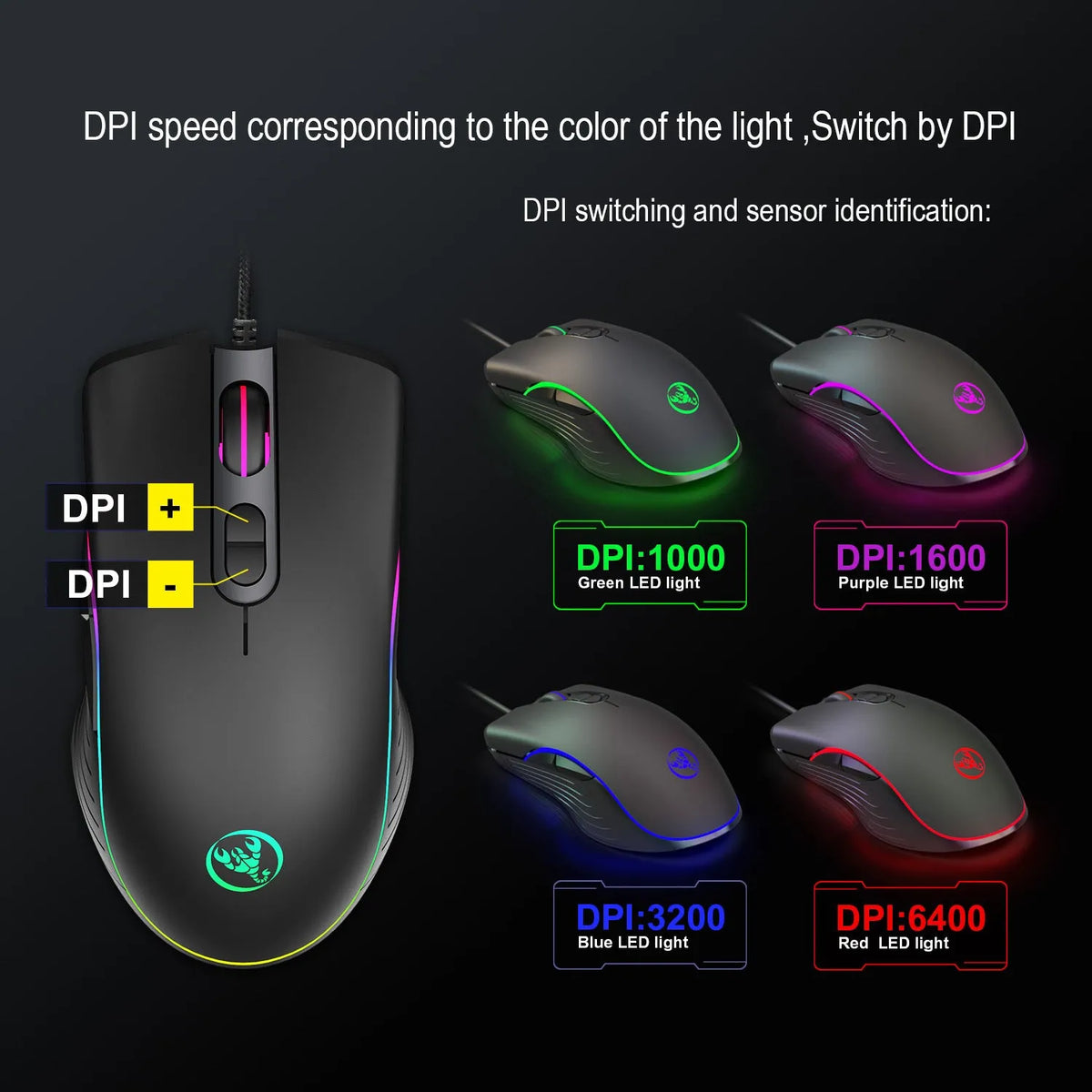 Wired optical gaming mouse with 6400 DPI, 7 keys, 4-way wheel, USB cable, 12.8 x 7.1 x 4.5cm