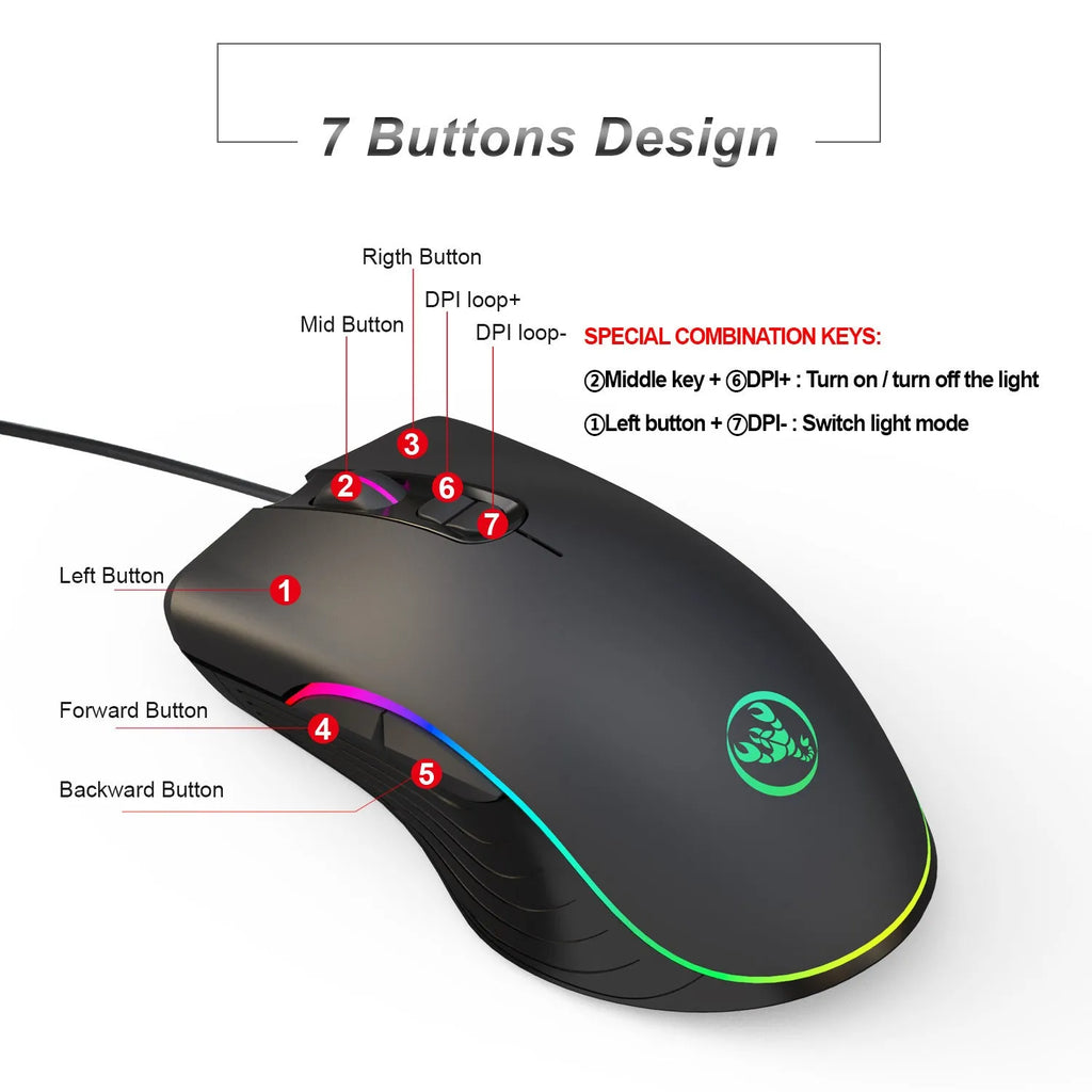 Wired optical gaming mouse with 6400 DPI, 7 keys, 4-way wheel, USB cable, 12.8 x 7.1 x 4.5cm