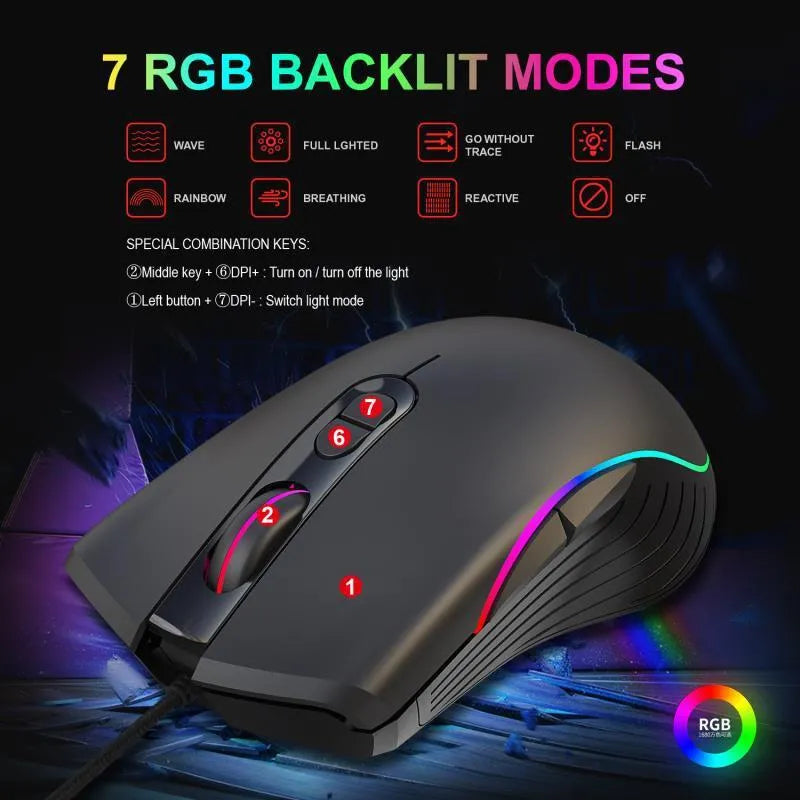 Wired optical gaming mouse with 6400 DPI, 7 keys, 4-way wheel, USB cable, 12.8 x 7.1 x 4.5cm